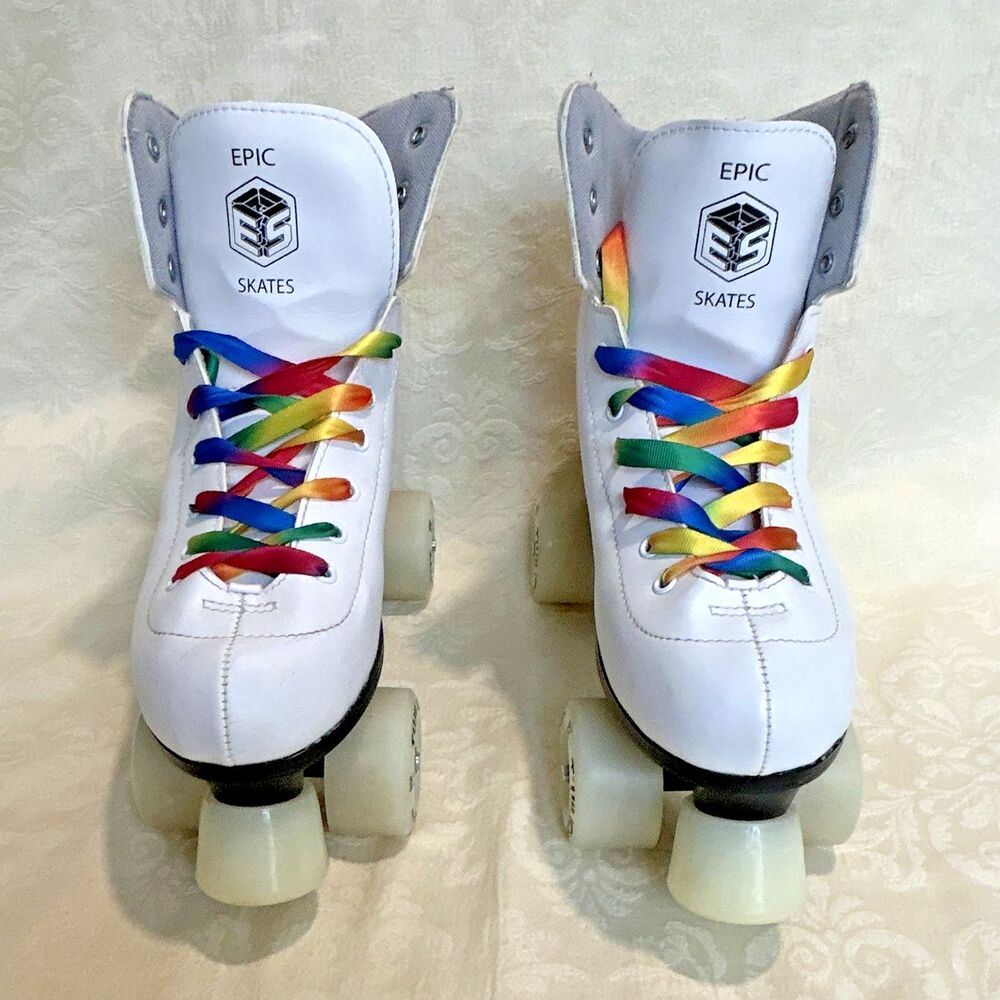 Epic Allure Quad Roller Skates - White w/ Rainbow Laces - Size 8 Light Up Wheels